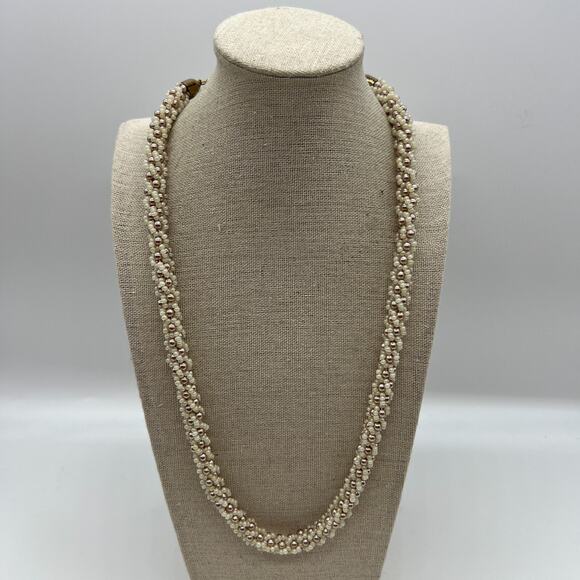 Vintage braided necklace white cluster seed beads faux pearl center cottagecore - Picture 1 of 5